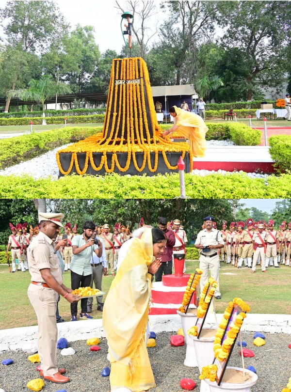 मंत्री  लक्ष्मी राजवाड़े  अमर जवान स्तंभ में शहीदों के प्रति अपनी श्रद्धांजली व्यक्त करते