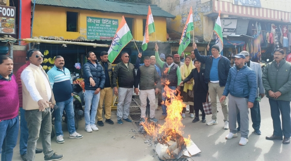 गोपेश्वर में काबीना मंत्री प्रेमचंद्र अग्रवाल का पुतला दहन करते हुए कांग्रेस कार्यकता।